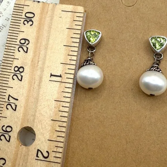 Sterling Silver Green Peridot White Pearl Drop Earrings 925 Pierced Posts - Picture 6 of 9